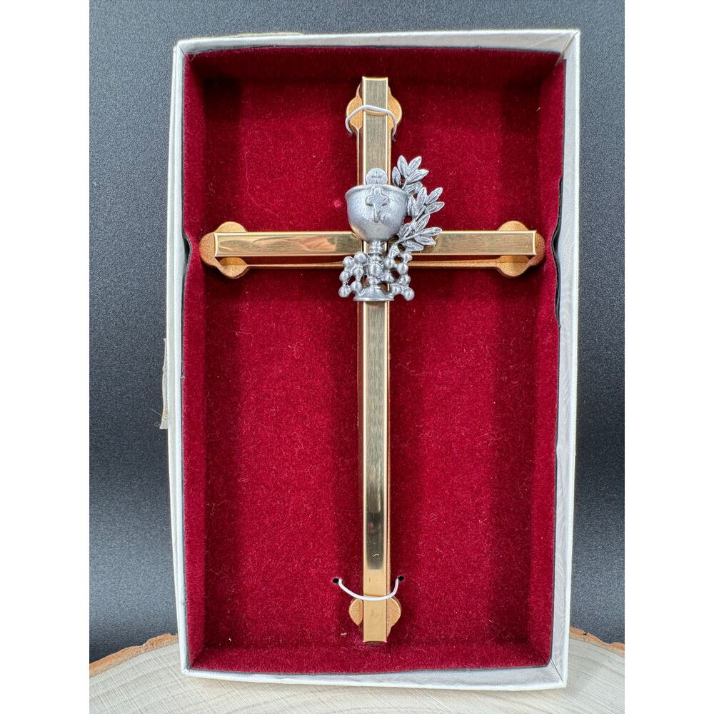Vintage First Holy Communion Wall Cross Brass Tone Pewter Chalice Made USA Camco